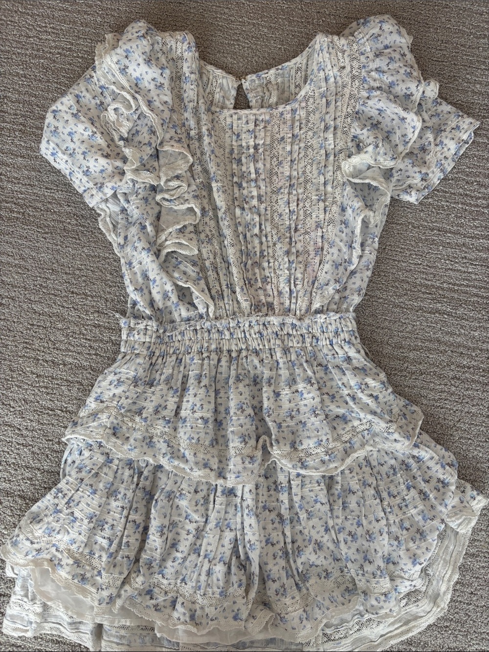 LoveShackFancy Floral White and Blue Natasha Heritage Mini Dress
